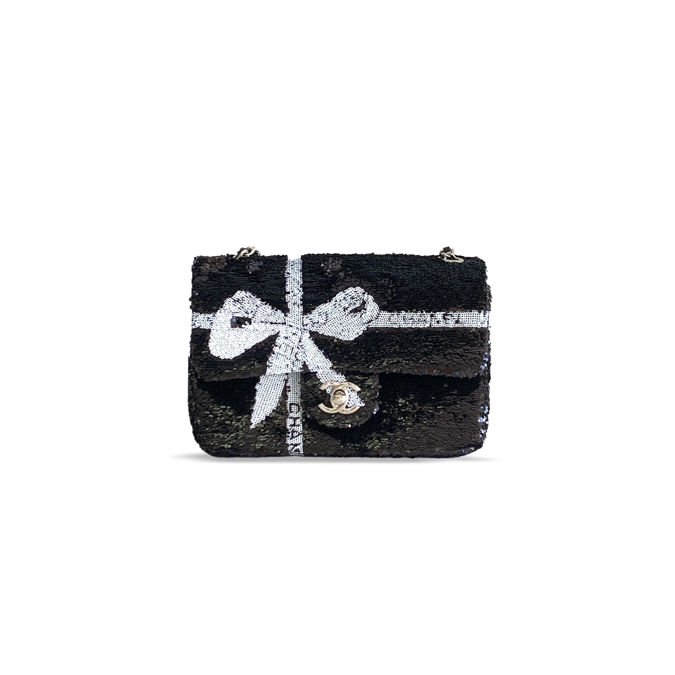 CHANEL MASTER 24B WHITE & BLACK SEQUIN BOW MINI FLAP SILVER HARDWARE BAG AS2090 (20*13*6cm)